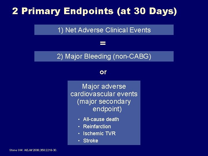 2 Primary Endpoints (at 30 Days) 1) Net Adverse Clinical Events = 2) Major 2 Primary Endpoints (at 30 Days) 1) Net Adverse Clinical Events = 2) Major