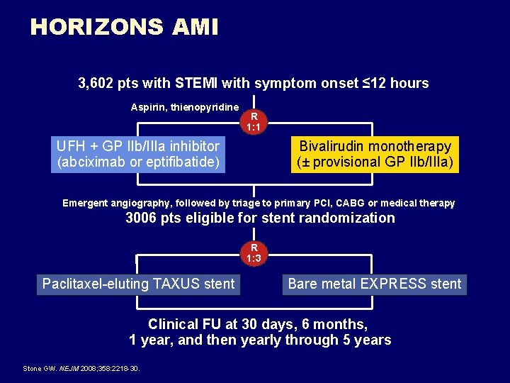HORIZONS AMI 3, 602 pts with STEMI with symptom onset ≤ 12 hours Aspirin, HORIZONS AMI 3, 602 pts with STEMI with symptom onset ≤ 12 hours Aspirin,
