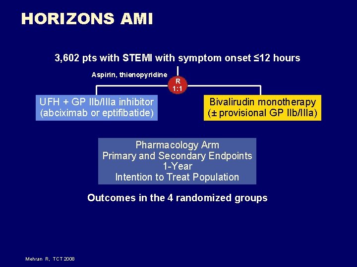 HORIZONS AMI 3, 602 pts with STEMI with symptom onset ≤ 12 hours Aspirin, HORIZONS AMI 3, 602 pts with STEMI with symptom onset ≤ 12 hours Aspirin,