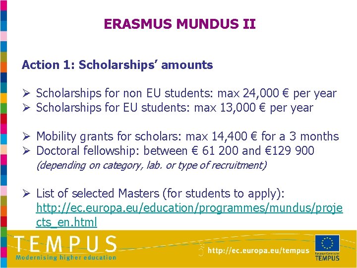 ERASMUS MUNDUS II Action 1: Scholarships’ amounts Ø Scholarships for non EU students: max ERASMUS MUNDUS II Action 1: Scholarships’ amounts Ø Scholarships for non EU students: max
