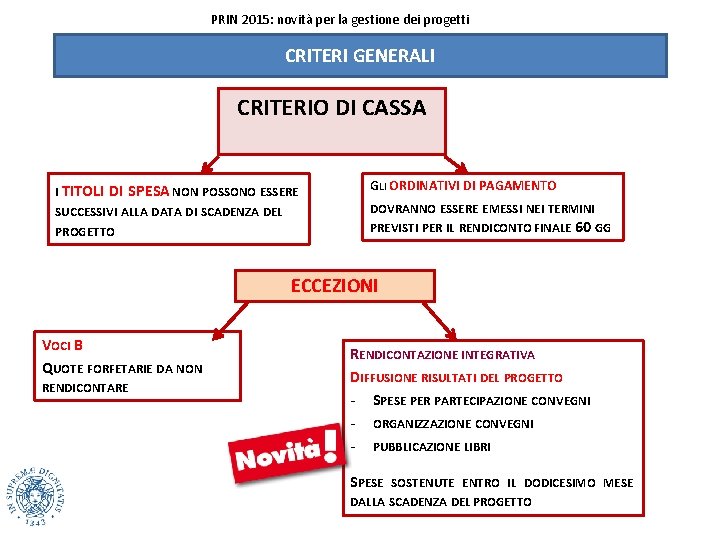 PRIN 2015: novità per la gestione dei progetti CRITERI GENERALI CRITERIO DI CASSA I