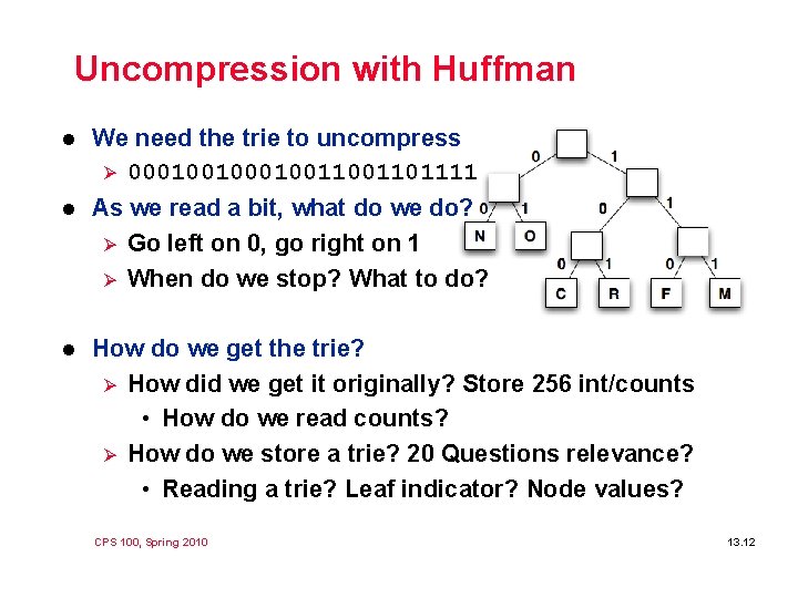 Uncompression with Huffman l We need the trie to uncompress Ø 00010011001101111 l As