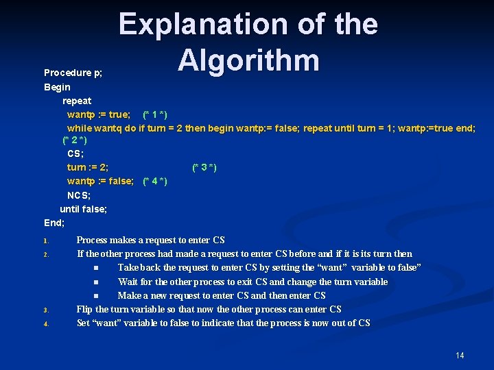 Explanation of the Algorithm Procedure p; Begin repeat wantp : = true; (* 1