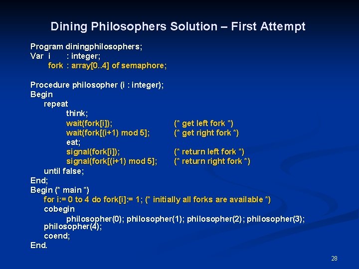 Dining Philosophers Solution – First Attempt Program diningphilosophers; Var i : integer; fork :