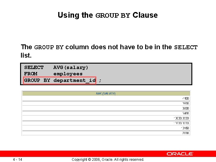 Using the GROUP BY Clause The GROUP BY column does not have to be