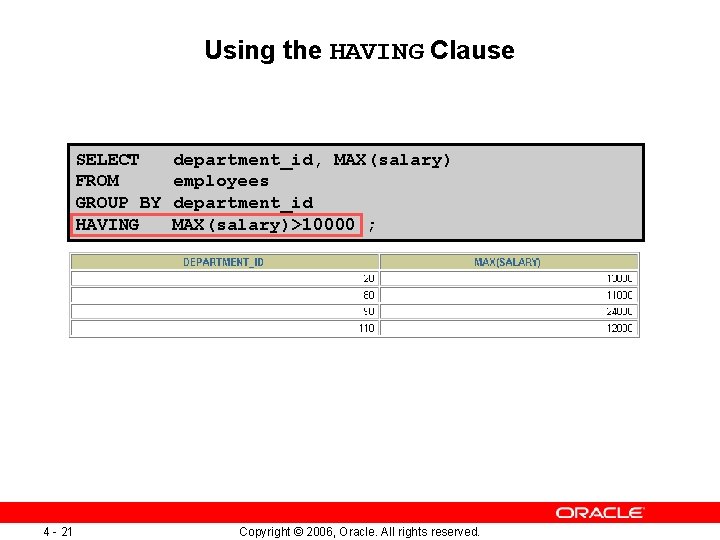 Using the HAVING Clause SELECT FROM GROUP BY HAVING 4 - 21 department_id, MAX(salary)