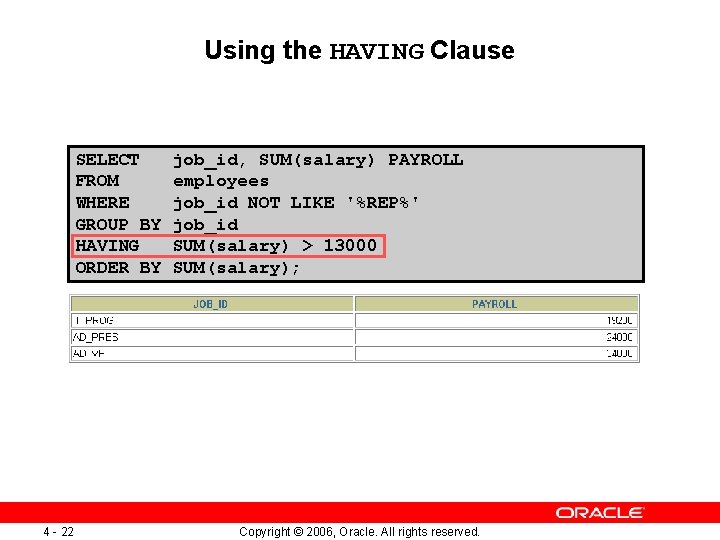 Using the HAVING Clause SELECT FROM WHERE GROUP BY HAVING ORDER BY 4 -