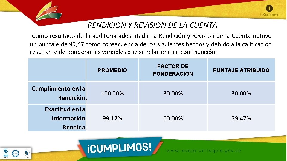 RENDICIÓN Y REVISIÓN DE LA CUENTA Como resultado de la auditoría adelantada, la Rendición