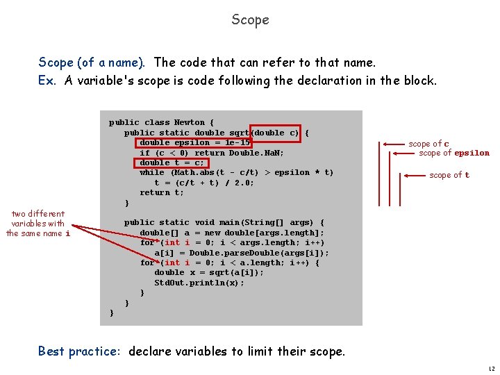 Scope (of a name). The code that can refer to that name. Ex. A