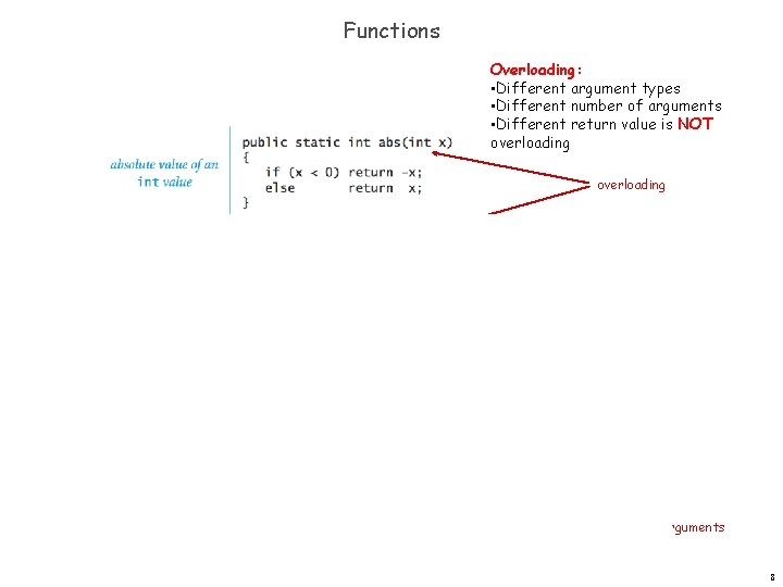 Functions Overloading: • Different argument types • Different number of arguments • Different return