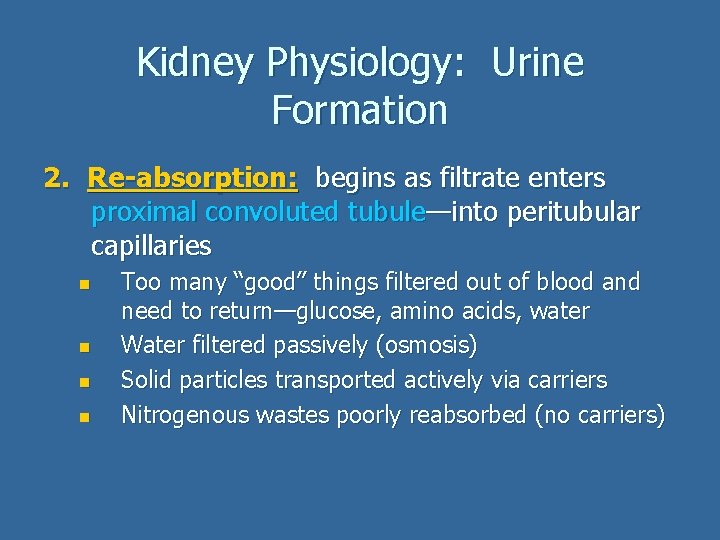 Kidney Physiology: Urine Formation 2. Re-absorption: begins as filtrate enters proximal convoluted tubule—into peritubular