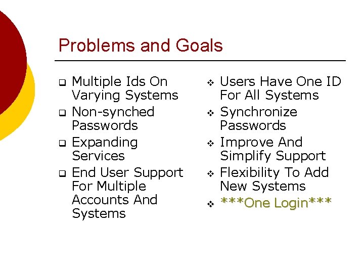 Problems and Goals q q Multiple Ids On Varying Systems Non-synched Passwords Expanding Services