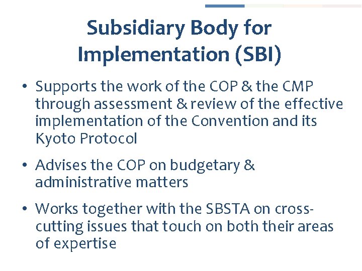 Subsidiary Body for Implementation (SBI) • Supports the work of the COP & the