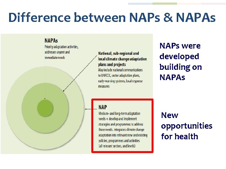 Difference between NAPs & NAPAs NAPs were developed building on NAPAs New opportunities for