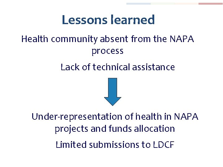 Lessons learned Health community absent from the NAPA process Lack of technical assistance Under-representation