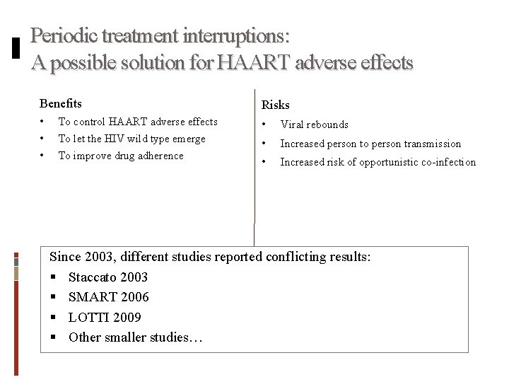 Periodic treatment interruptions: A possible solution for HAART adverse effects Benefits Risks • To