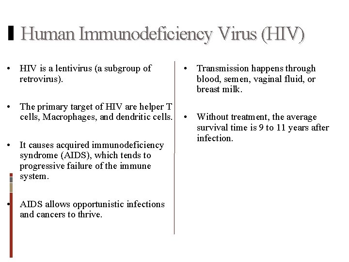 Human Immunodeficiency Virus (HIV) • HIV is a lentivirus (a subgroup of retrovirus). •