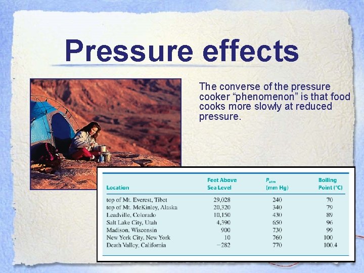 Pressure effects The converse of the pressure cooker “phenomenon” is that food cooks more