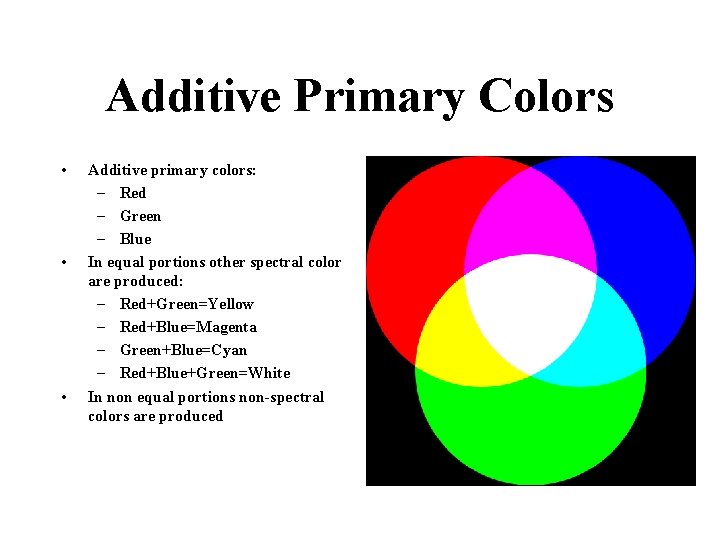 Additive Primary Colors • • • Additive primary colors: – Red – Green – Additive Primary Colors • • • Additive primary colors: – Red – Green –