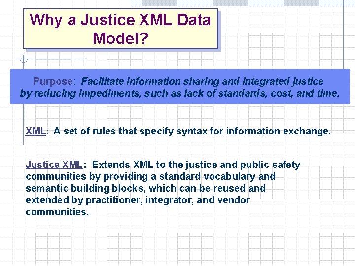 Why a Justice XML Data Model? Purpose: Facilitate information sharing and integrated justice by