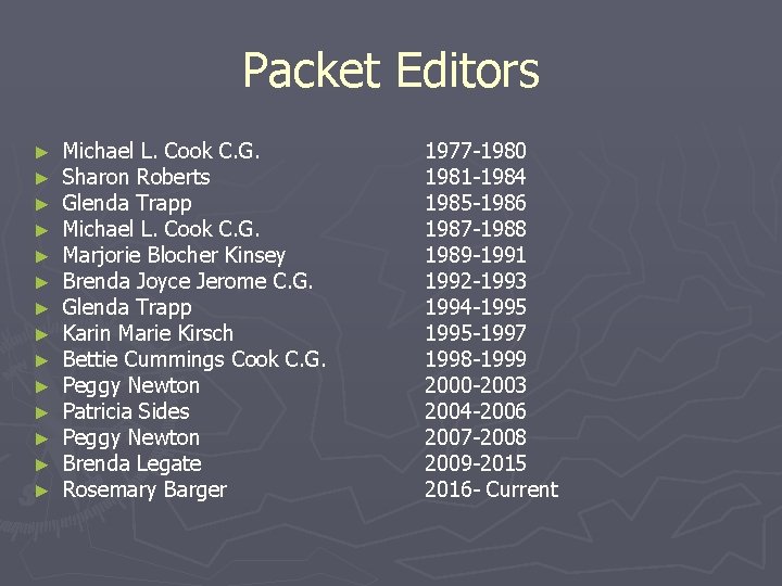 Packet Editors ► ► ► ► Michael L. Cook C. G. Sharon Roberts Glenda