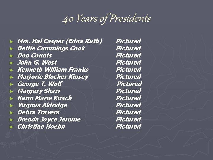 40 Years of Presidents ► ► ► ► Mrs. Hal Casper (Edna Ruth) Bettie