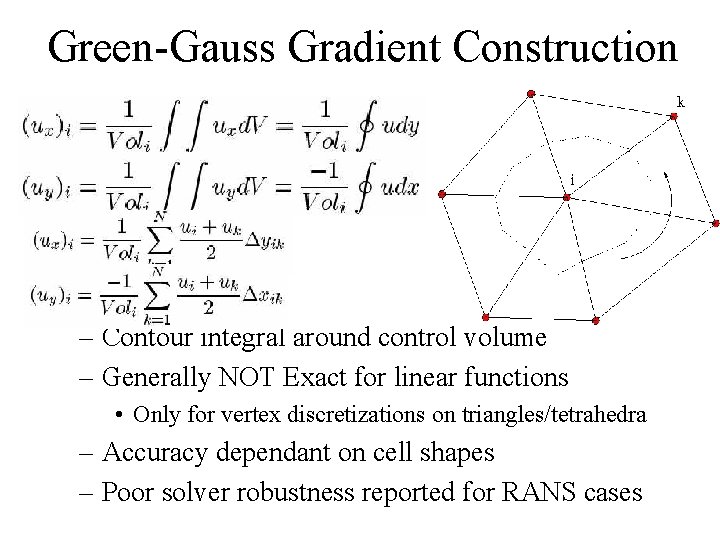 Green-Gauss Gradient Construction – Contour integral around control volume – Generally NOT Exact for