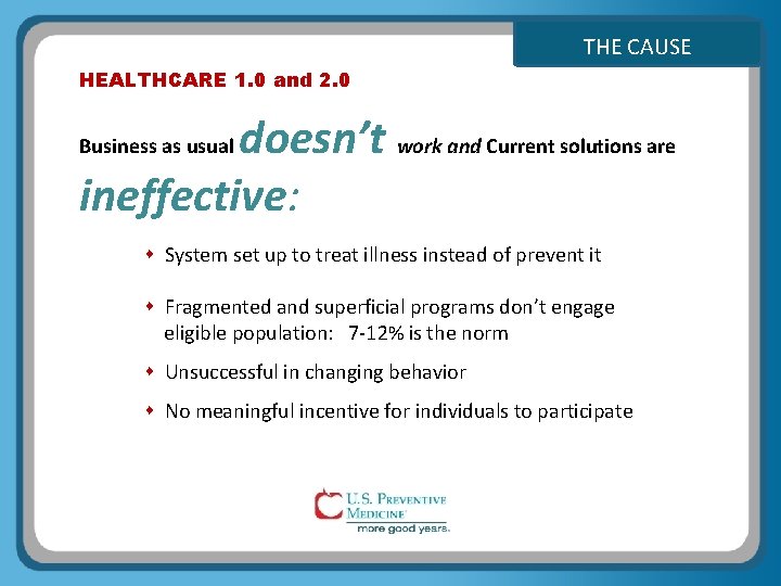 THE CAUSE HEALTHCARE 1. 0 and 2. 0 doesn’t work and Current solutions are
