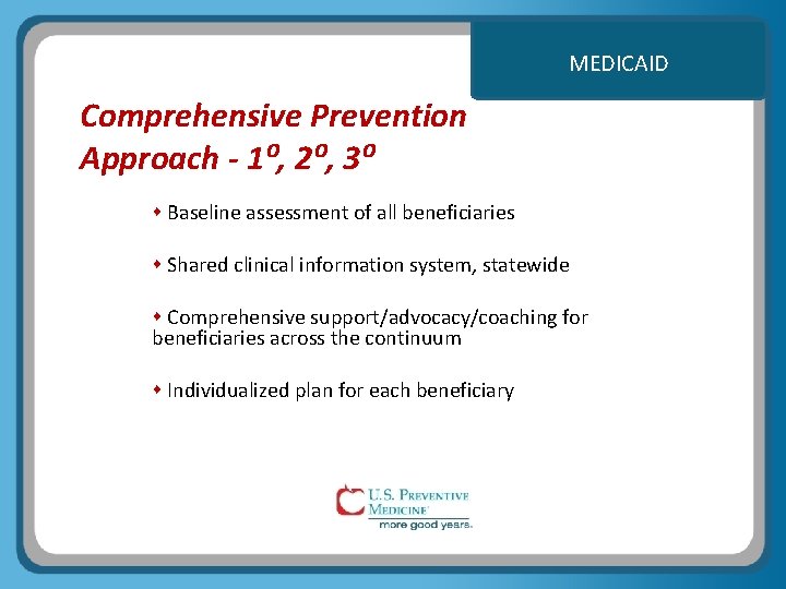 MEDICAID Comprehensive Prevention Approach - 1⁰, 2⁰, 3⁰ Baseline assessment of all beneficiaries Shared