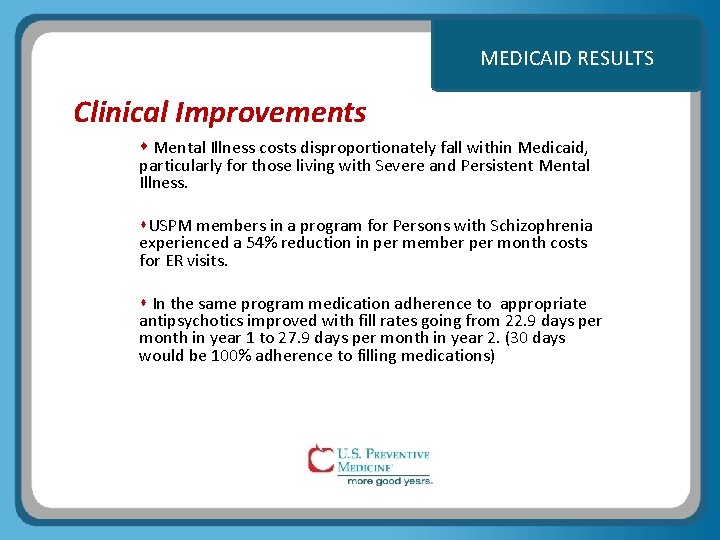 MEDICAID RESULTS Clinical Improvements Mental Illness costs disproportionately fall within Medicaid, particularly for those