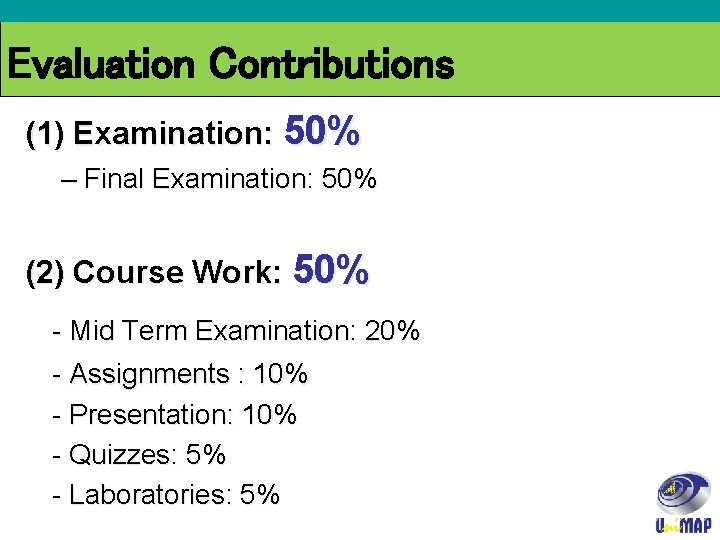 Evaluation Contributions (1) Examination: 50% – Final Examination: 50% (2) Course Work: 50% -