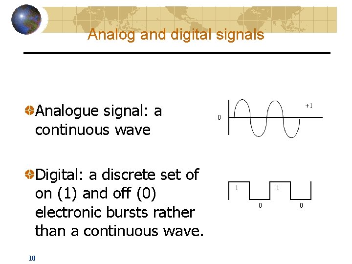 Analog and digital signals Analogue signal: a continuous wave Digital: a discrete set of