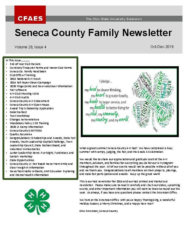 The Ohio State University Extension Seneca County Family Newsletter Oct-Dec-2019 Volume 29, Issue 4