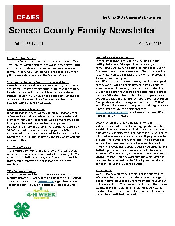 The Ohio State University Extension Seneca County Family Newsletter Volume 29, Issue 4 End