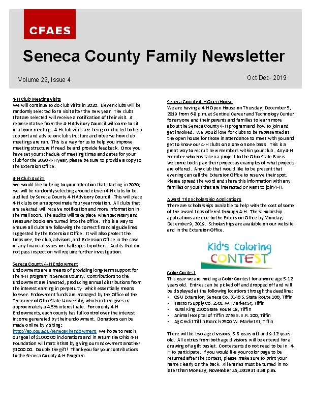 Seneca County Family Newsletter Volume 29, Issue 4 4 -H Club Meeting Visits We