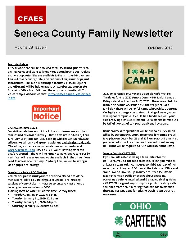 Seneca County Family Newsletter Volume 29, Issue 4 Teen Workshop A Teen Workshop will