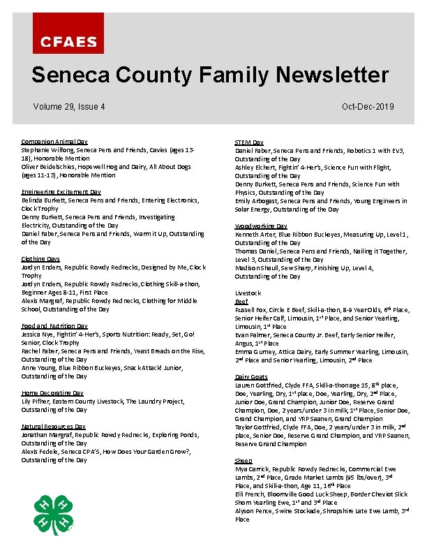 Seneca County Family Newsletter Volume 29, Issue 4 Companion Animal Day Stephanie Wilfong, Seneca