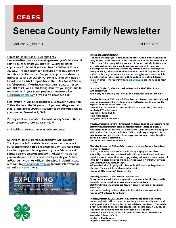 Seneca County Family Newsletter Volume 29, Issue 4 Seneca Co. Jr. Fair Board News