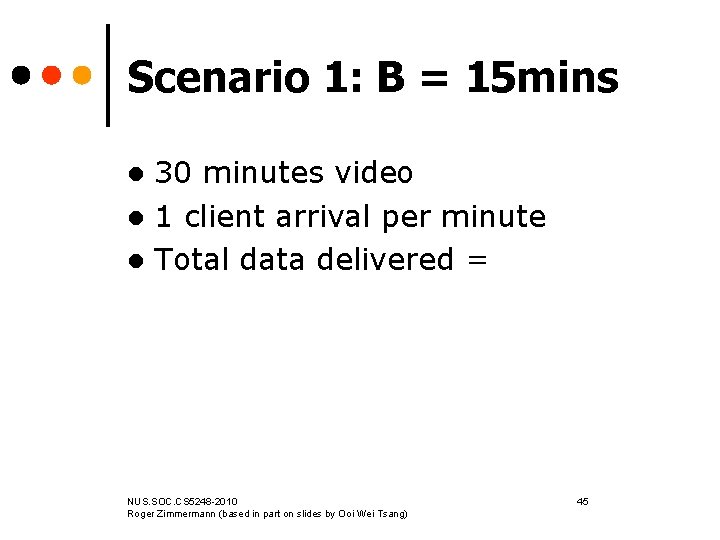 Scenario 1: B = 15 mins 30 minutes video l 1 client arrival per