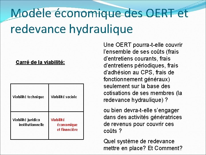 Modèle économique des OERT et redevance hydraulique Carré de la viabilité: Viabilité technique Viabilité