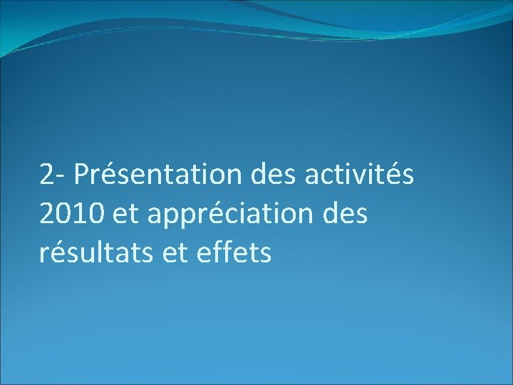 2 - Présentation des activités 2010 et appréciation des résultats et effets 