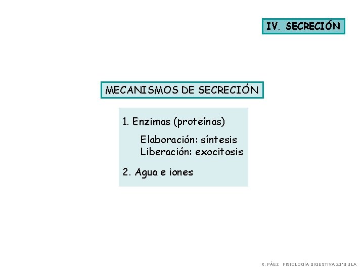 IV. SECRECIÓN MECANISMOS DE SECRECIÓN 1. Enzimas (proteínas) Elaboración: síntesis Liberación: exocitosis 2. Agua