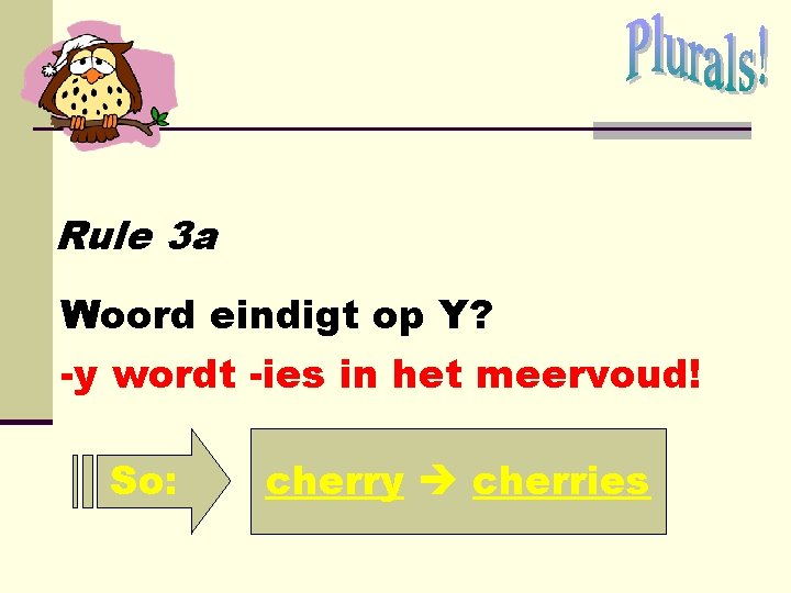 Rule 3 a Woord eindigt op Y? -y wordt -ies in het meervoud! So: Rule 3 a Woord eindigt op Y? -y wordt -ies in het meervoud! So: