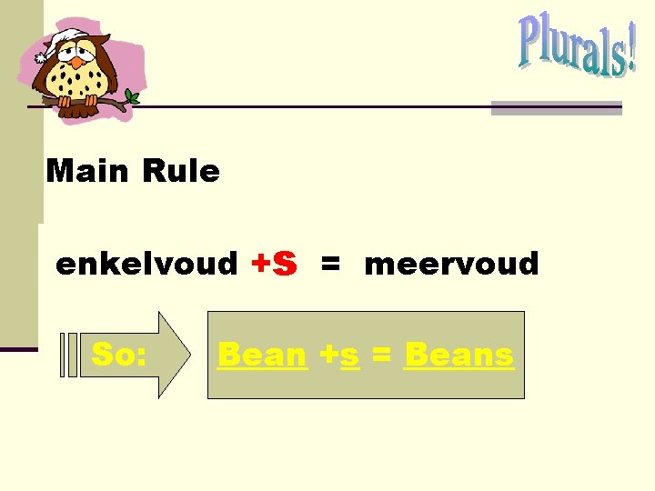 Main Rule enkelvoud +s = meervoud So: Bean +s = Beans Main Rule enkelvoud +s = meervoud So: Bean +s = Beans
