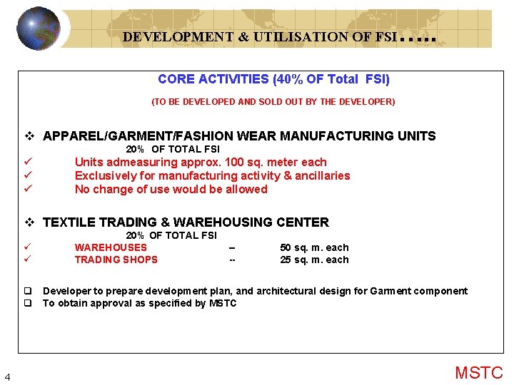 DEVELOPMENT & UTILISATION OF FSI …. . CORE ACTIVITIES (40% OF Total FSI) (TO