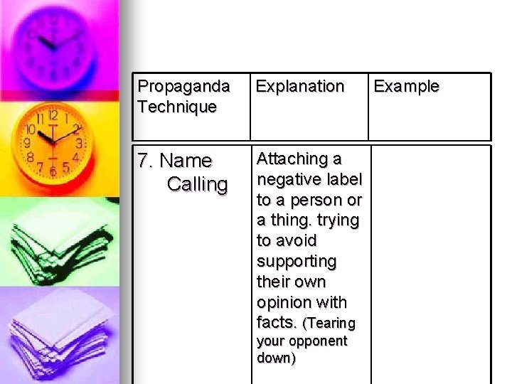 Propaganda Technique Explanation 7. Name Calling Attaching a negative label to a person or