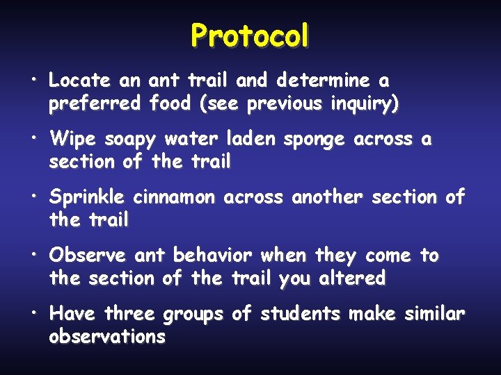 Protocol • Locate an ant trail and determine a preferred food (see previous inquiry)
