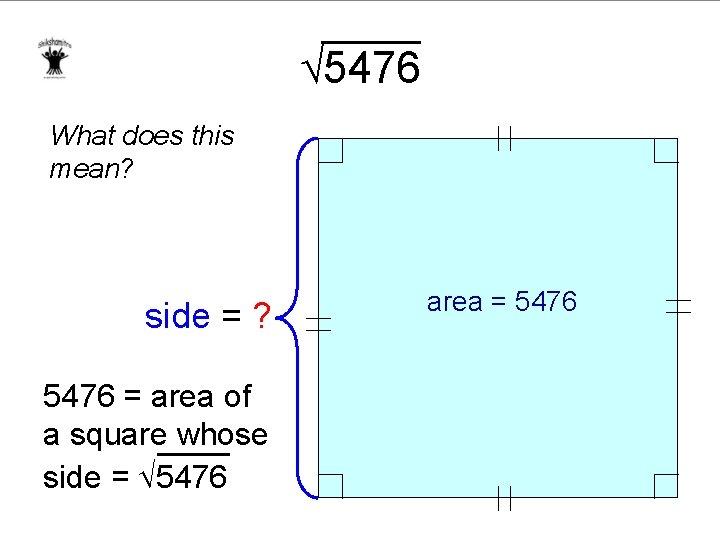  5476 What does this mean? side = ? 5476 = area of a