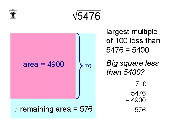  5476 largest multiple of 100 less than 5476 = 5400 area = 4900