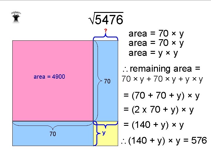  5476 ? area = 4900 area = 70 × y area = y